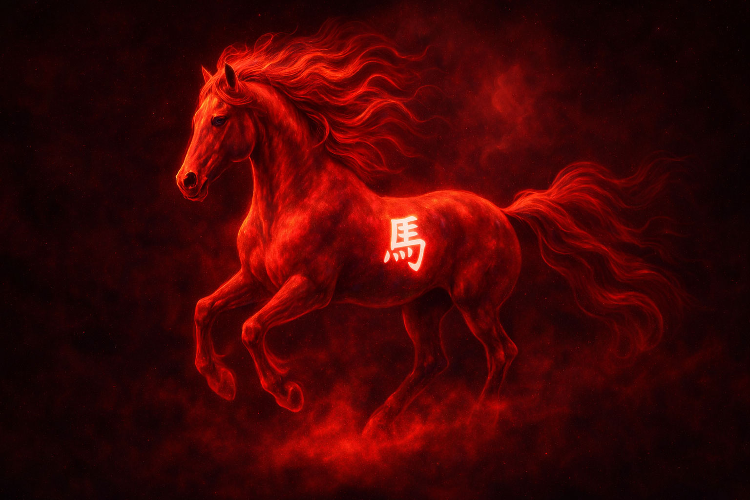 2026 Fire Horse Chinese zodiac artwork – a glowing red horse galloping through fire, marked with the character 馬 (horse)