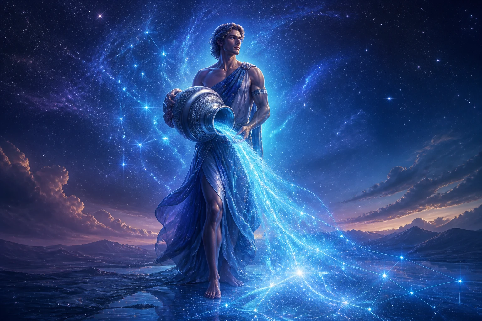 Celestial water bearer pouring a luminous stream representing Aquarius