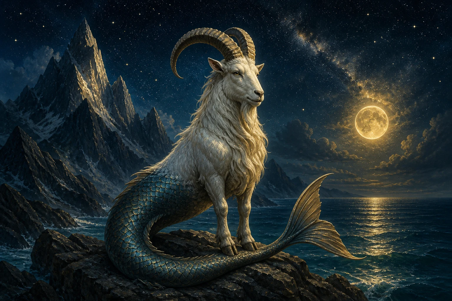 Celestial sea-goat between mountain and ocean representing Capricorn