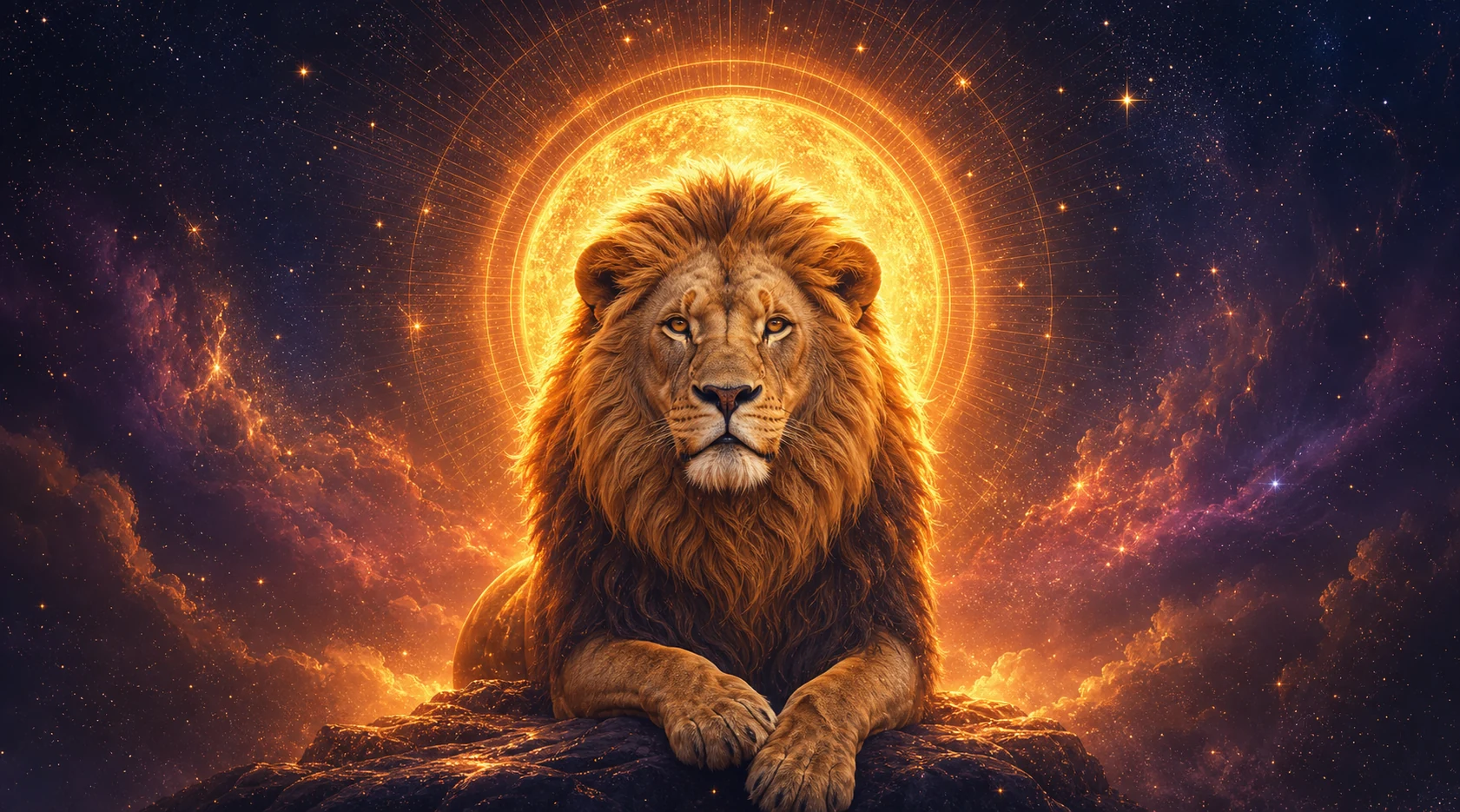 Regal celestial lion beneath a radiant sun representing the Leo zodiac sign