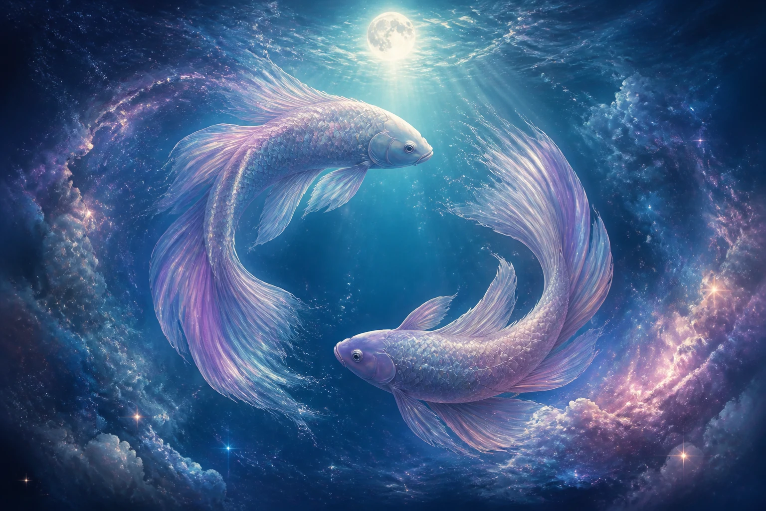 Two luminous celestial fish circling in a cosmic ocean representing Pisces