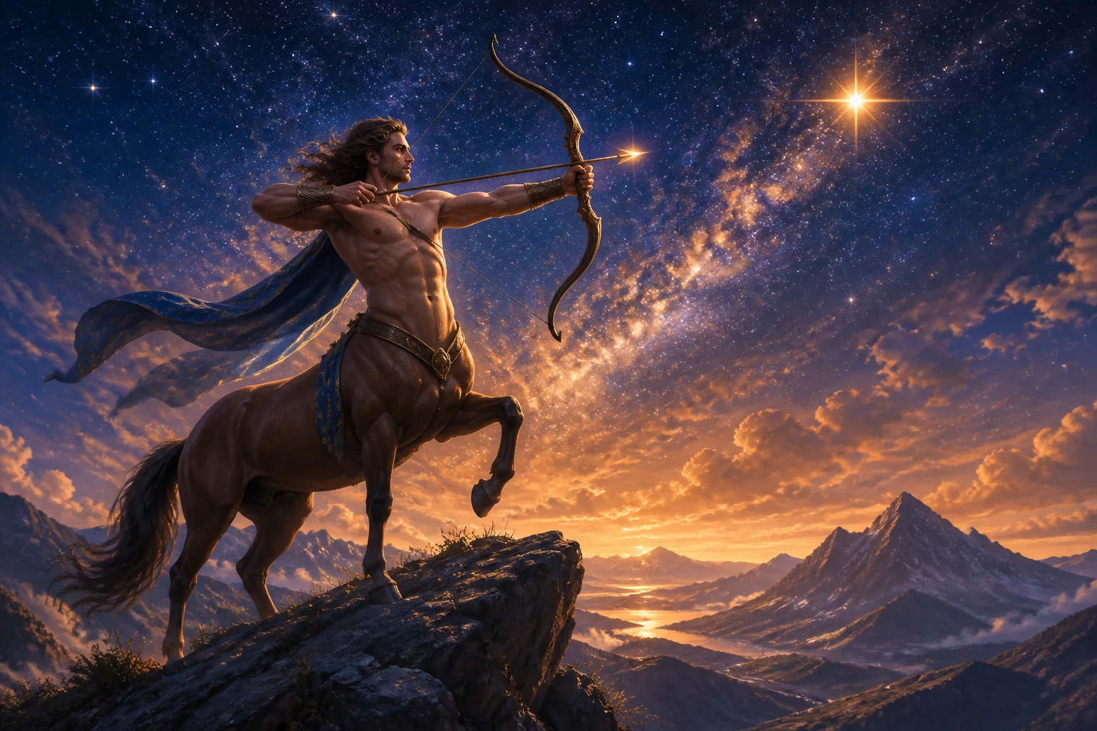 Celestial centaur archer aiming toward a guiding star representing Sagittarius