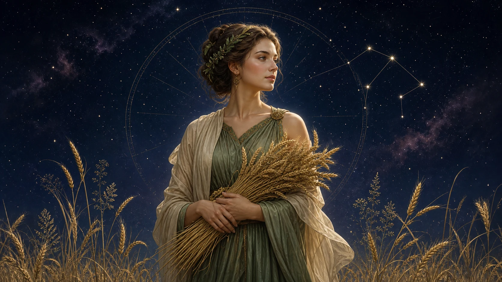 Celestial harvest maiden with golden wheat representing the Virgo zodiac sign