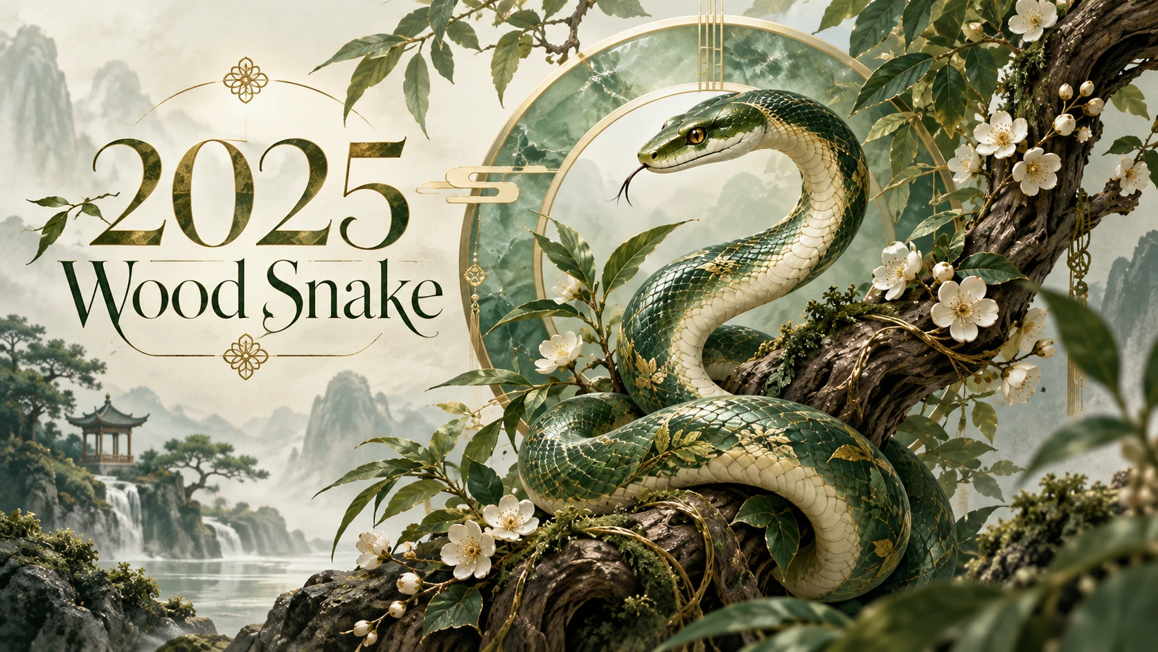 2025 Wood Snake Chinese zodiac artwork: a jade-green snake coiled on a flowering branch