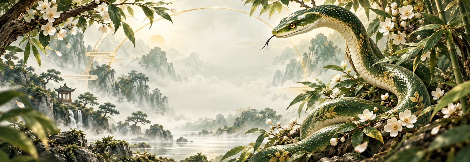 A jade-green Wood Snake among bamboo and white blossoms, overlooking misty mountains and a lakeside pavilion