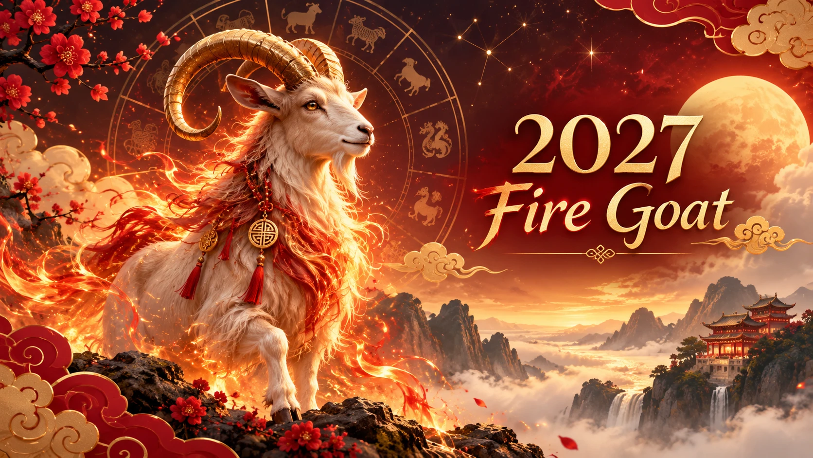 2027 Fire Goat Chinese zodiac artwork – a golden-horned goat wreathed in flame for the Year of the Goat (丁未)
